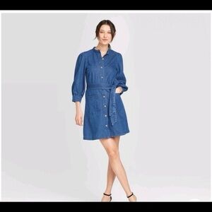 Who What Wear Denim Button-Down Dress 3/4 sleeves tie waist